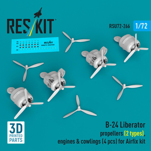  RES-RSU72-0266   1/72 Reskit B-24 Liberator propellers (2 types), engines & cowlings (4 pcs) for Airfix kit (3D Printed)   MMD Squadron