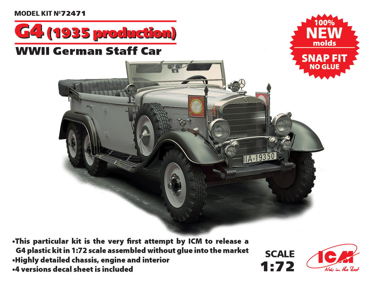 1/72 ICM G4 (1935 production), WWII German Staff Car, snap fit/no
