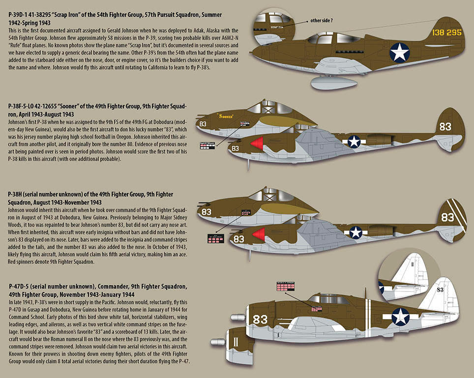 1/32 Zotz Decals P-38 / P-47 / P-40 Gerald Jerry Johnson Set