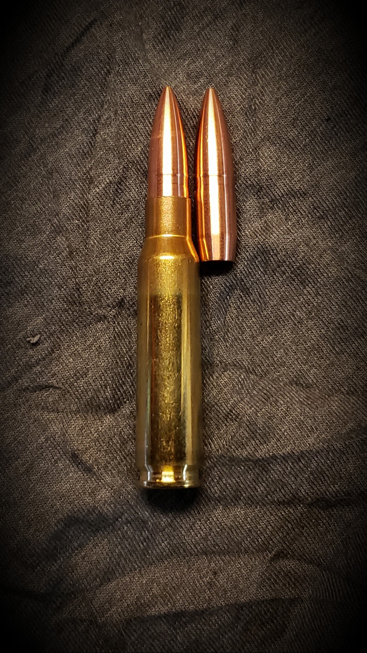 163 Cayuga shown loaded in 308 Winchester case with the base of the boat tail at the base of the neck.  Cartridge OAL is 2.850 as shown.