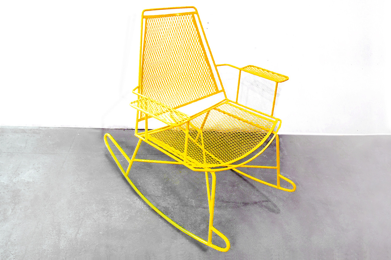 SOLD - Mid-Century Metal Mesh Patio Rocking Chair - Rehab Vintage Interiors