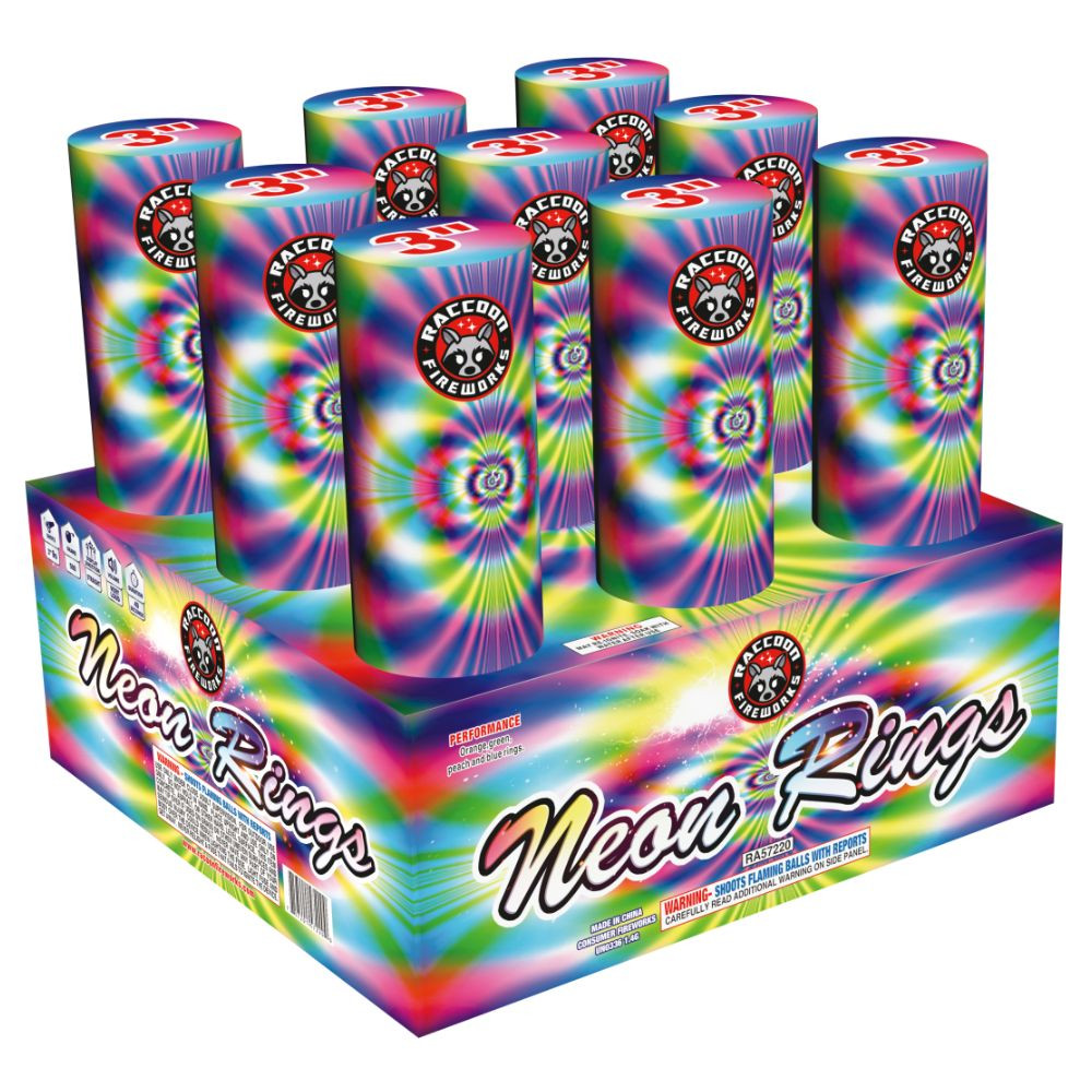 Neon Rings 9 shot 500 Gram Cake - Raccoon Brand Fireworks