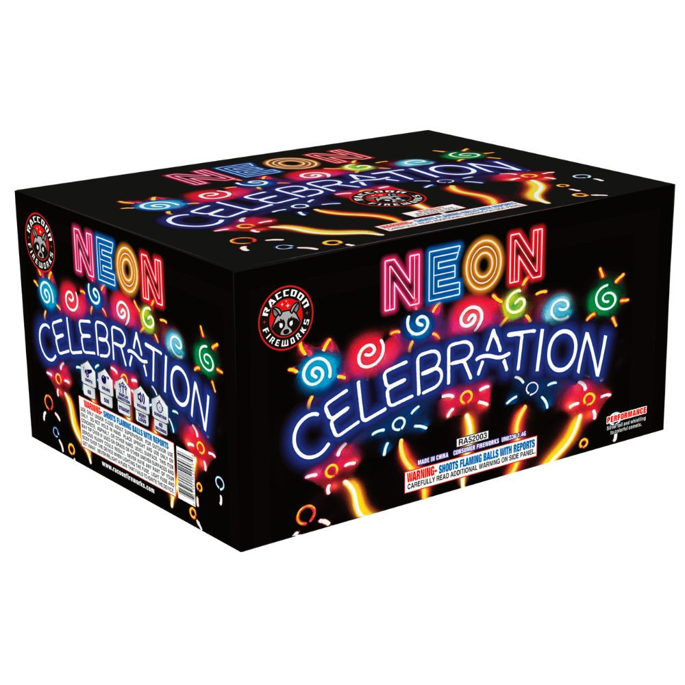 Neon Celebration 60 shot 500 Gam Cake - Raccoon Brand Fireworks