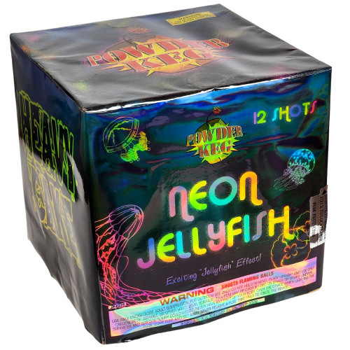 A square shaped firework with a bunch of jellyfish on the label