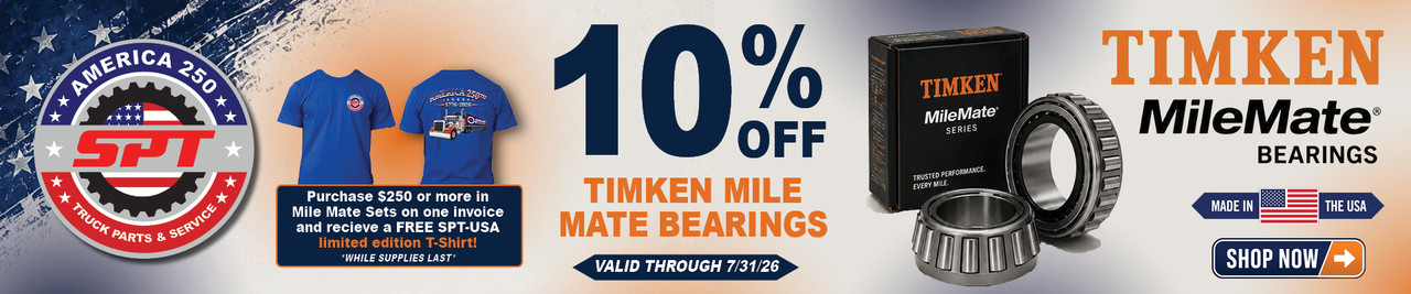 Timken Mile Mate bearings promo banner – 10% off + free T-shirt with $250+ purchase, valid until 7/31/26