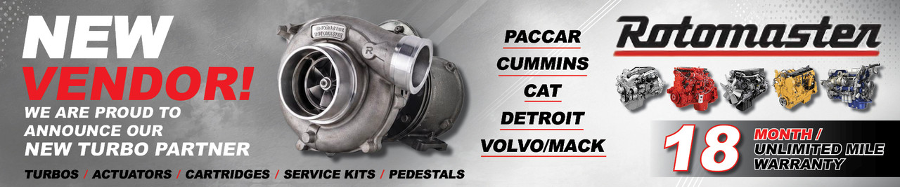 Rotomaster banner – new turbo vendor announcement with 18-month unlimited mile warranty for major diesel brands.