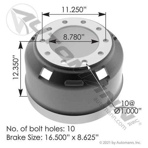 151.68604BA BRAKE DRUM 16.5" X 8.625"