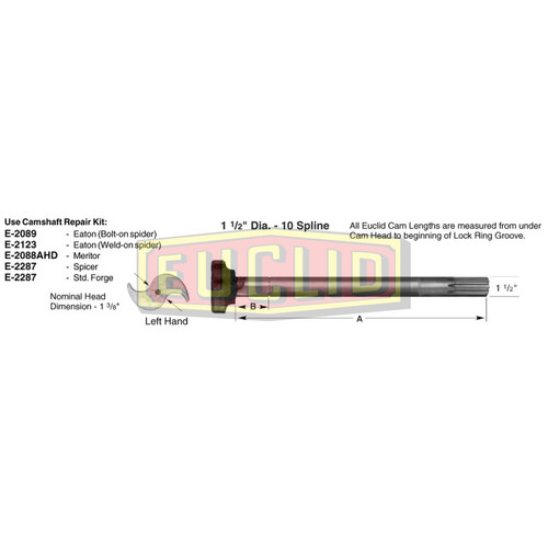 Euclid E-4719 - Left Hand Camshaft, Extra Long for Air Ride Suspensions, 16.50" Brake Diameter, 1.50" x 10 Spline, 25.75" Effective Length
