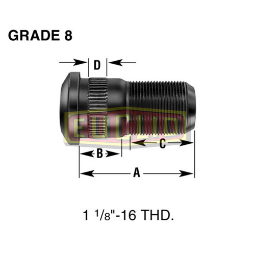 Euclid E-5749-L - 1 1/8"-16 LH Serrated Wheel Stud, 2 13/16" Length, Stepped Body, Grade 8, for Meritor, Budd, & Paccar Trucks