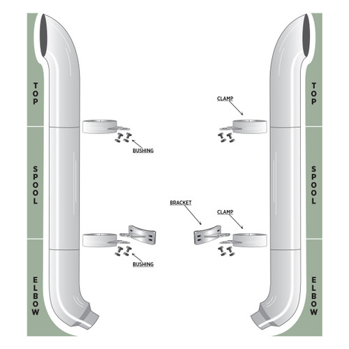 Trux TSK6-BSET7 - 6" Bullhorn Exhaust Kit - 54" Top Stacks, 58 Deg Reduced Elbows, 55" Middle Spools