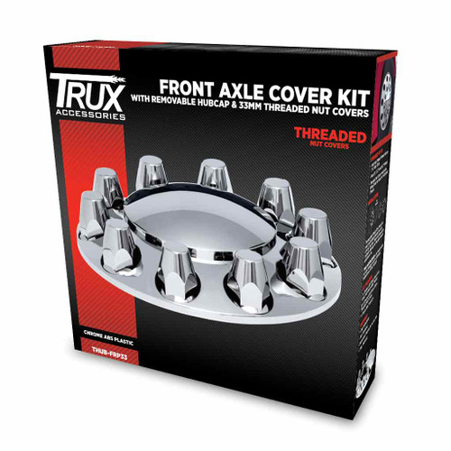 THUB-FRP33 CHROME ABS PLASTIC FRONT AXLE COVER KIT WITH REMOVABLE CENTER CAP & 33MM THREADED NUT COVERS