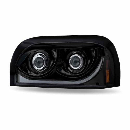 TLED-H57 BLACK FREIGHTLINER CENTURY LED PROJECTOR HEADLIGHT ASSEMBLY WITH DUAL FUNCTION HALO STRIP - DRIVER SIDE