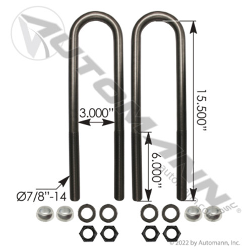 AUBK8161-154S U-BOLT KIT 7/8"X3"X15.5" RND