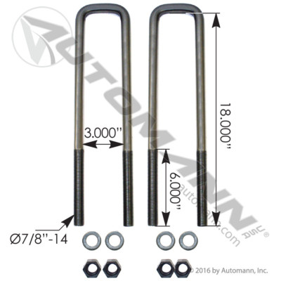 AUBK8261-184 NAVISTAR IH U BOLT KIT 7/8" X 3" X 18"