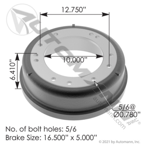 151.6505BA BRAKE DRUM 16.5"X5"5/6/7HOLE