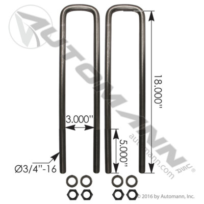 AUBK8351-18 U BOLT KIT 3/4"-16" X 3" X 18"