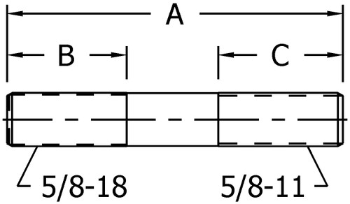 10018442 STUD AXLE 5/8"-18UNF 5/8"-11UNC X 3.47"