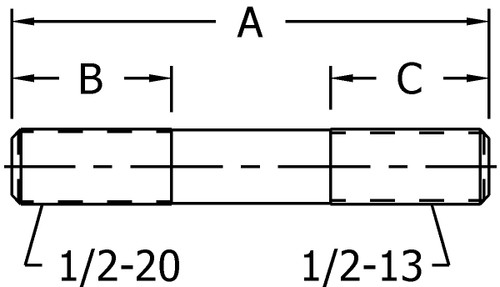 100312 STUD AXLE 1/2"-20UNF 1/2"-20UNC X 3.19"