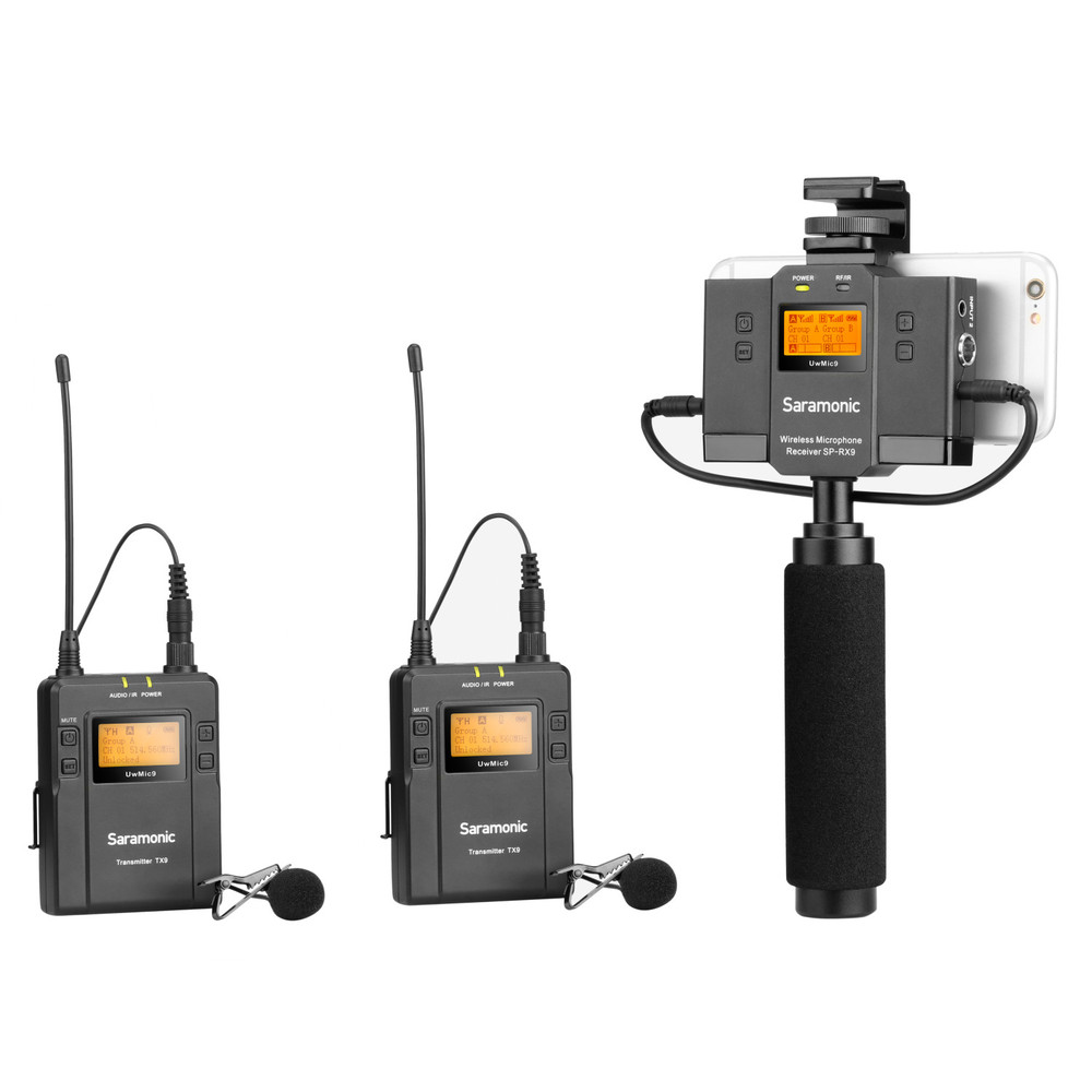 UwMic9 SP-RX9+TX9+TX9 Dual UHF Wireless Lavalier MIc System & Audio Mixer for Apple iPhone & Android Smartphones with Mount & Stabilization Handle
