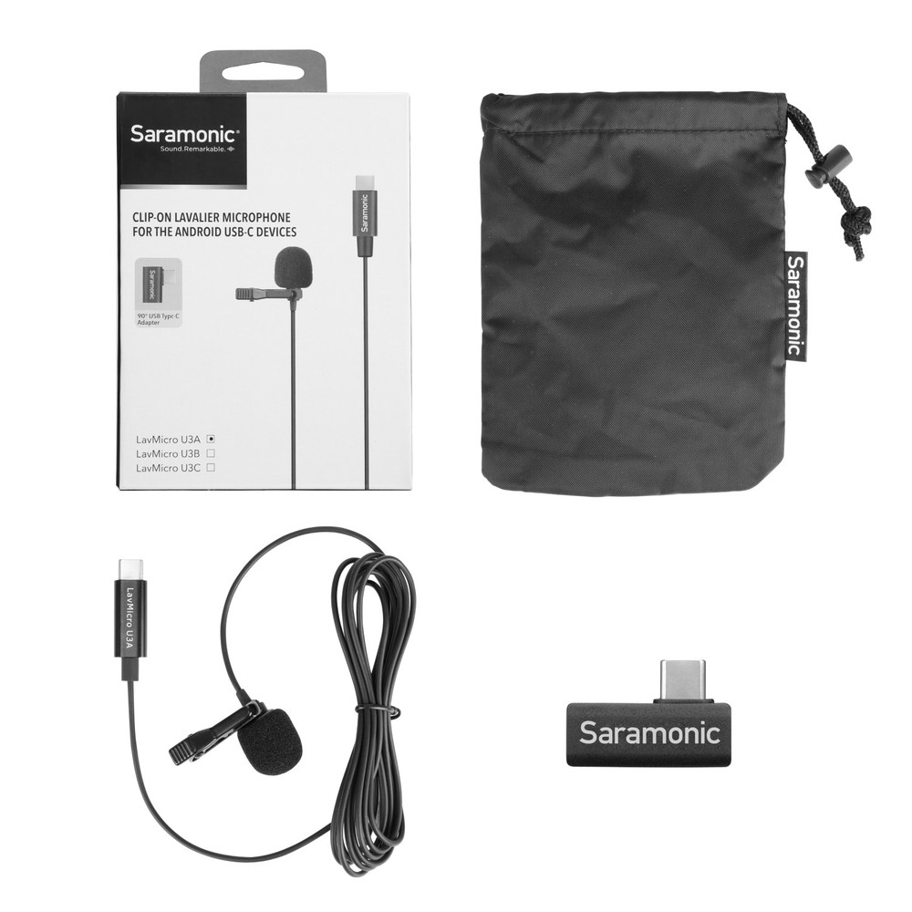 LavMicro U3A Ultracompact Clip-On Lavalier Microphone with USB-C for Android Mobile Devices & Computers with 6.6' (2m) Cable & Right-Angle Adapter