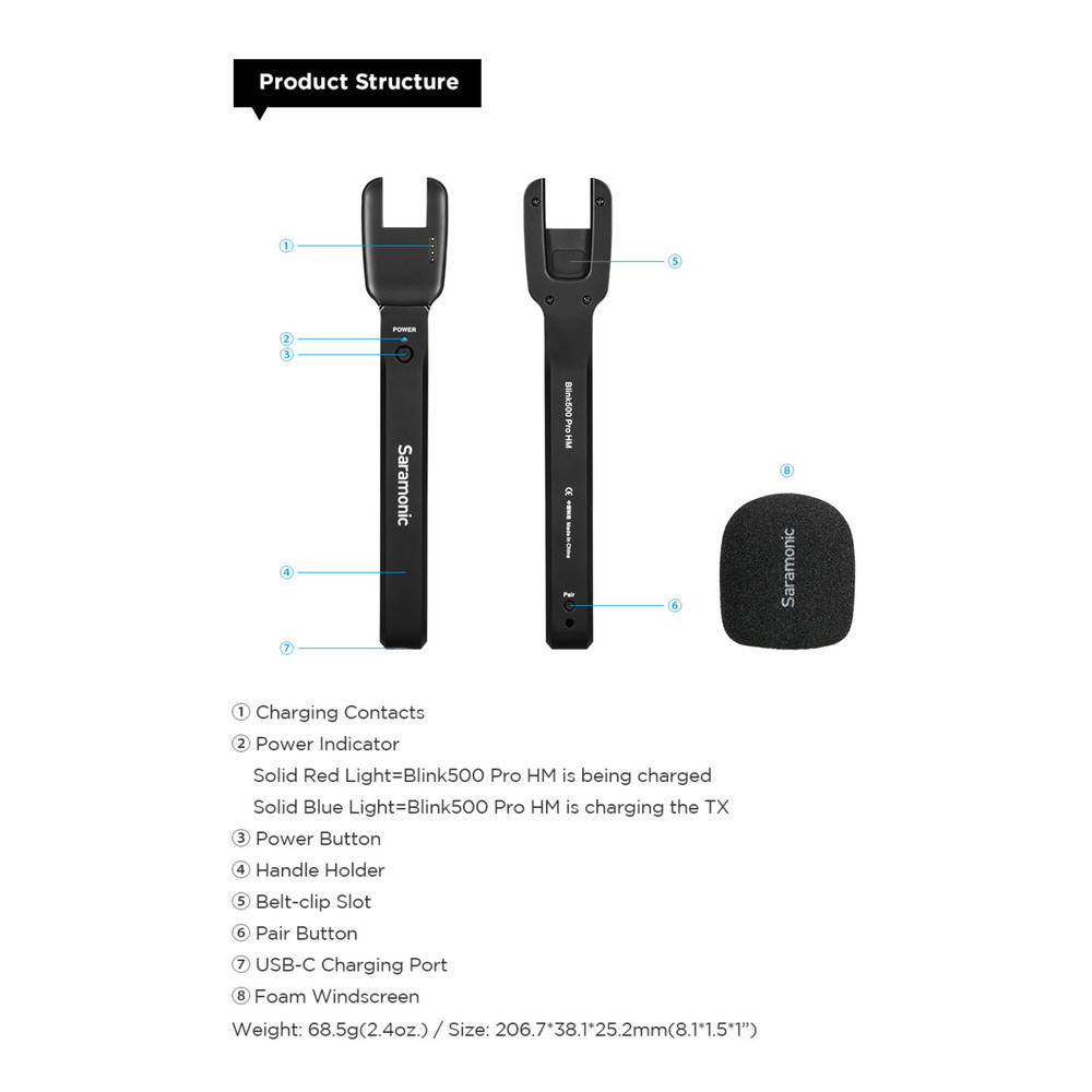 Blink 500 Pro HM Handheld Transmitter Holder for Blink 500 Pro TX Transmitters with Foam Windscreen and Built-in 1100mAh Battery/Charger