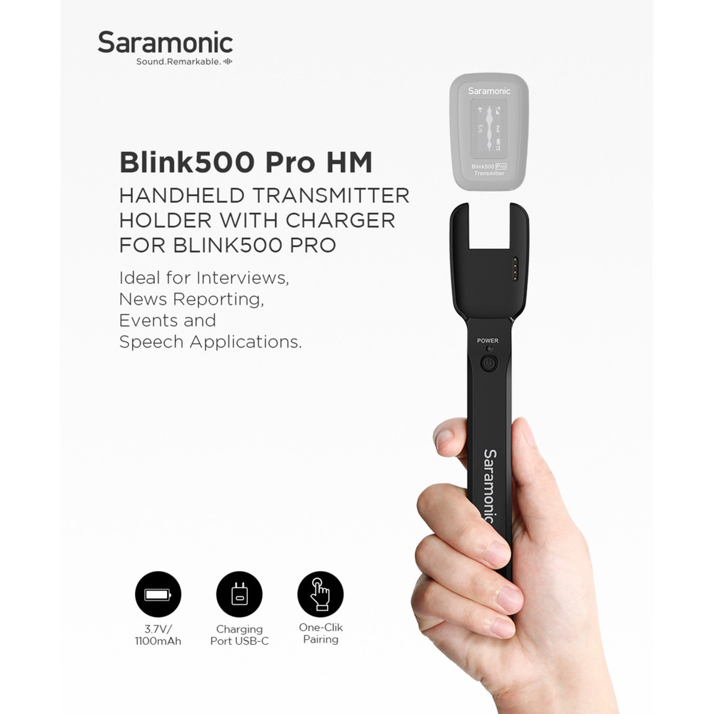 Blink 500 Pro HM Handheld Transmitter Holder for Blink 500 Pro TX Transmitters with Foam Windscreen and Built-in 1100mAh Battery/Charger