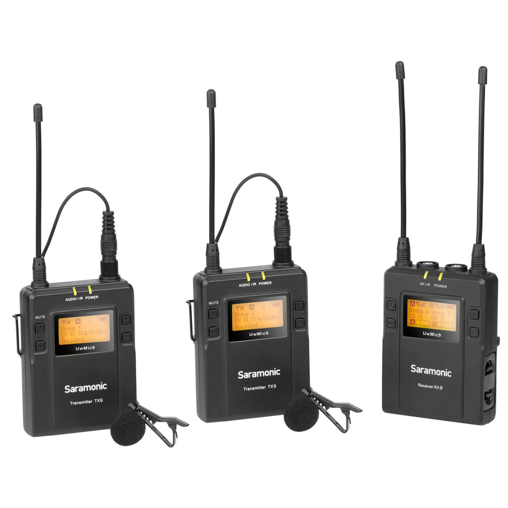 UwMic9 RX9+TX9+TX9 2-Person Wireless Lavalier Microphone System with Portable Dual-Channel Camera-Mountable Receiver