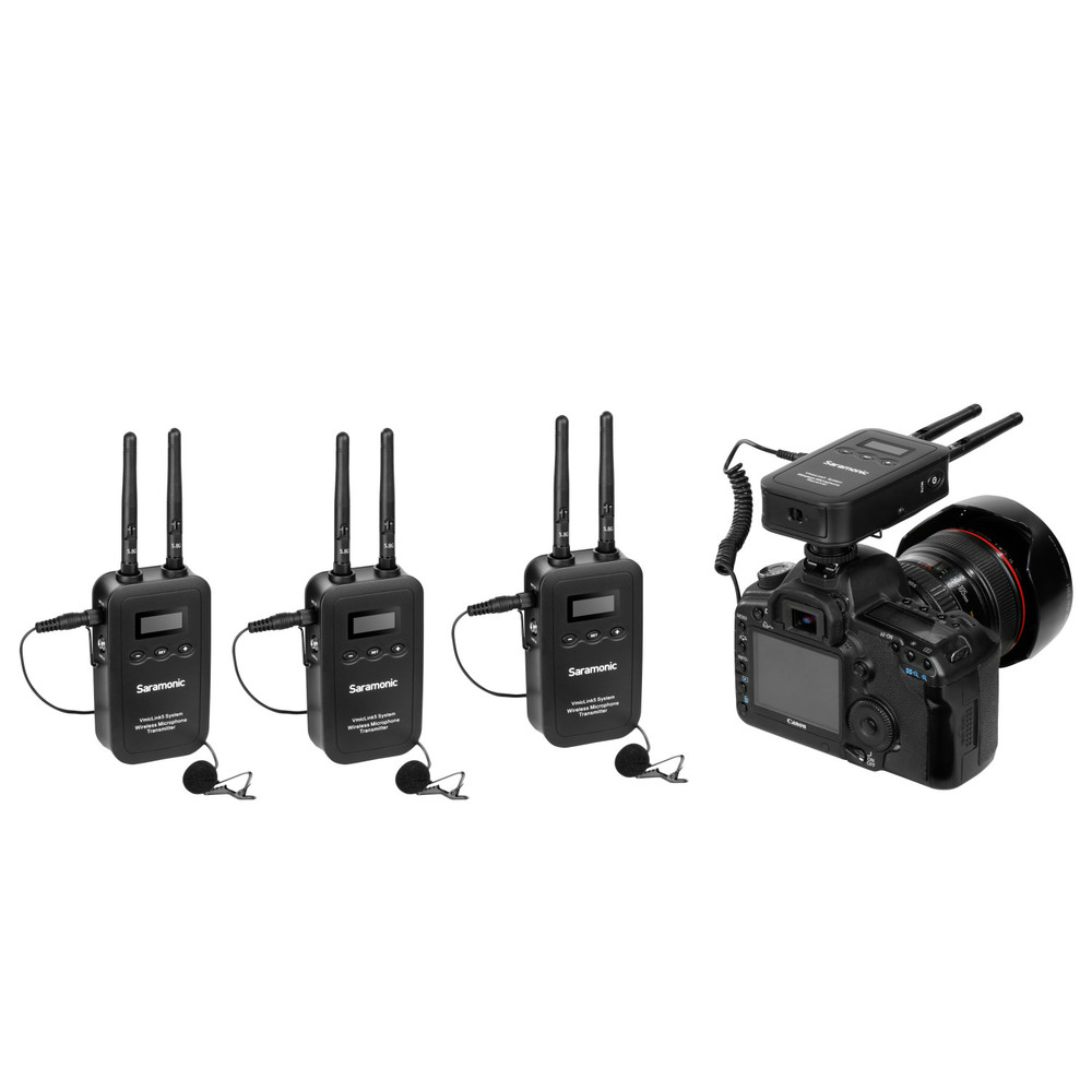 VmicLink5 RX+TX+TX+TX 5.8GHz 3-Person Wireless Lavalier Microphone System with Portable 3-Channel Camera-Mountable Receiver