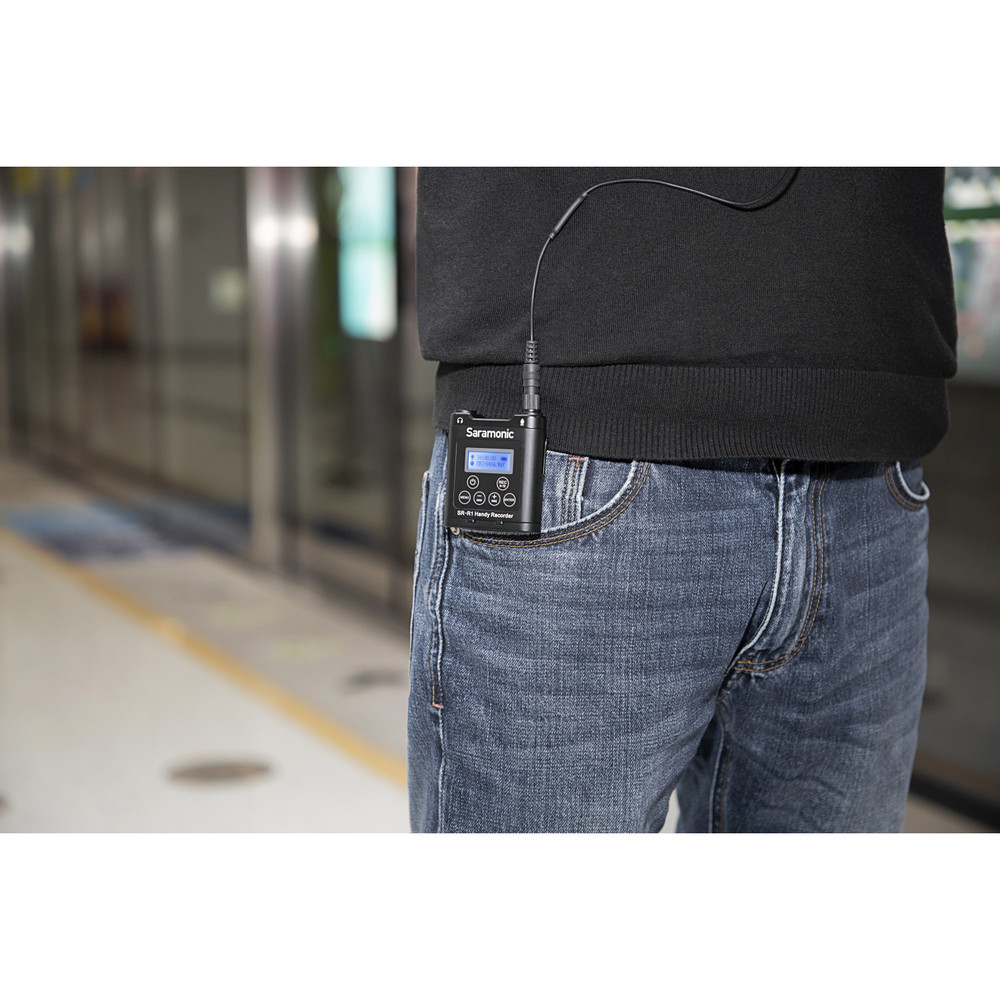 SR-R1 Ultra-Compact Belt Pack Stereo Recorder with 3.5mm Microphone or Line-Level Input, Headphone Out, and Includes DK3A Premium Lavalier and Padded Pouch