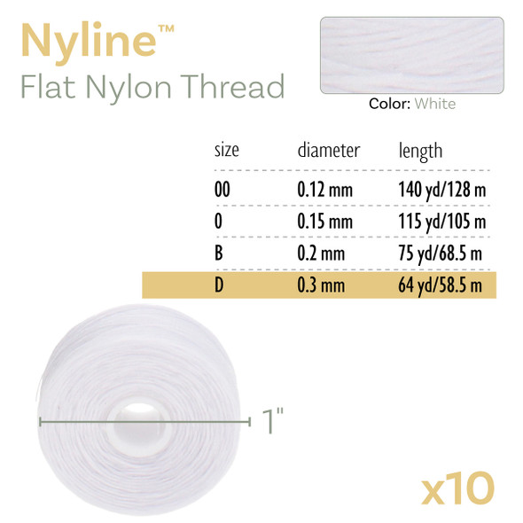 Nyline White Size D (.30MM) 64 Yard Bobbin - Box of 50 Bobbins
