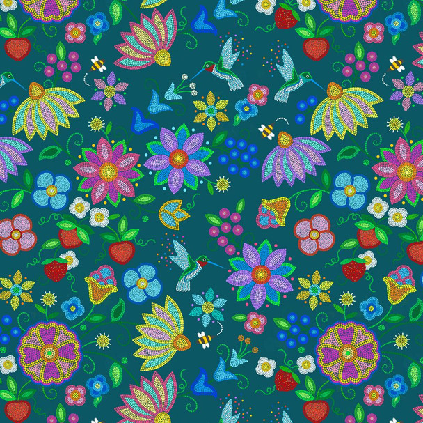 Grandma's Garden Deep Turquoise - 100% Cotton Fabric
