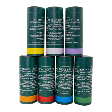 SP70 smoke grenade canisters grouped by colour band — yellow, white, purple, orange, red, blue and green — product-only studio shot