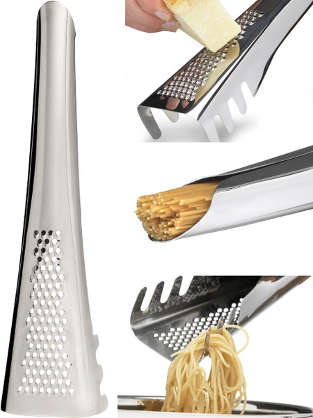 Pasta server with cheese grater and measurer