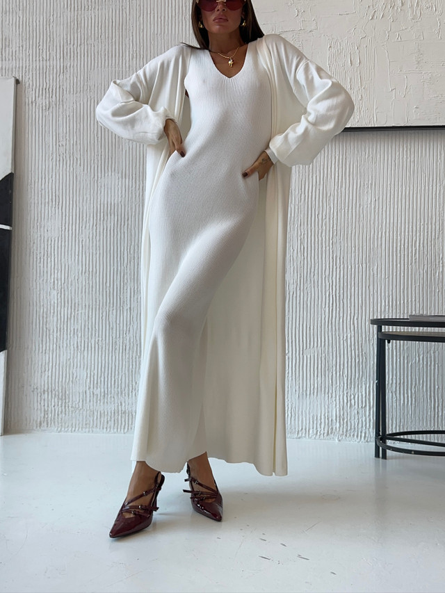 First image of the product The Monaco Ribbed Maxi Dress with Duster Cardigan Set