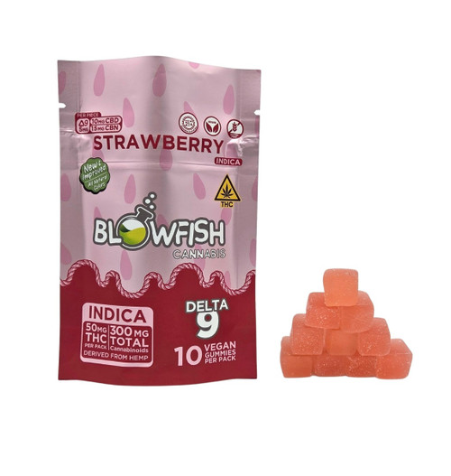 Blowfish Cannabis Delta 9 Gummies - Strawberry (Indica) 
Flavor: Strawberry
Strain Type: Indica
Count: 10 Vegan Gummies per Pack
Packaging Details:
Primary Color: Shiny pale pink pouch with darker pink strawberry seeds
Accent Colors: Strawberry red background on lower third of packaging.
"New & Improved Flavor: All natural Colors".  Yellow and black triangular label with "THC" above "Blowfish Cannabis"