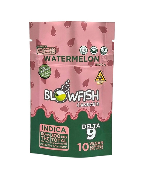 Blowfish Cannabis - Watermelon (Indica)
Flavor: Watermelon
Strain Type: Indica
Count: 10 Vegan Gummies per Pack
Packaging Details:
Primary Color: Dark teal/forest green background
Accent Colors: Light pink and darker red (reminiscent of watermelon flesh and seeds) in a ""dripping"" or ""cloud-like"" graphic design across the middle section, with small ""seed"" shapes. Light green/white ""dripping"" accents at the top and bottom of the central design element.
Size: Medium resealable pouch