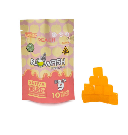 Blowfish Cannabis - Peach (Sativa)
Flavor: Peach
Strain Type: Sativa
Count: 10 Vegan Gummies per Pack
Packaging Details:
Primary Color: Muted peach/coral red background
Accent Colors: Lighter peach/orange and white in a ""dripping"" or ""cloud-like"" graphic design across the middle section. There appear to be subtle gold-foil accents or a sheen within the lighter peach areas. Light green/white ""dripping"" accents at the top and bottom of the central design element.
Size: Medium resealable pouch