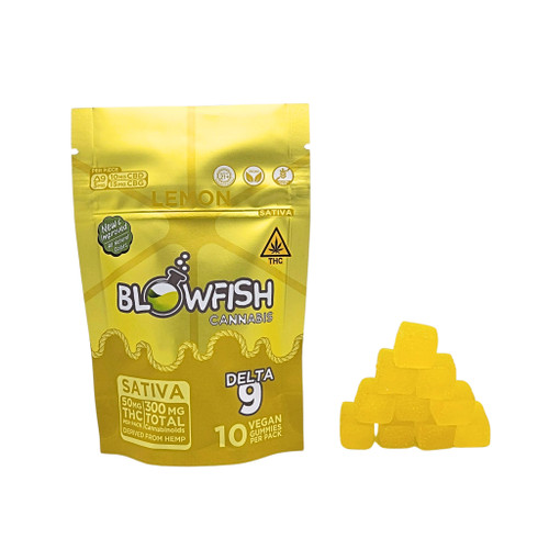Blowfish Cannabis Delta 9 Gummies - Lemon (Sativa) 
Flavor: Lemon
Strain Type: Sativa
Count: 10 Vegan Gummies per Pack
Packaging Details:
Primary Color: Shiny, pale, yellow pouch with darker yellow citrus wedge shape
Accent Colors: Solid yellow background on lower third of packaging.
"New & Improved Flavor: All natural Colors".  Yellow and black triangular label with "THC" above "Blowfish Cannabis"