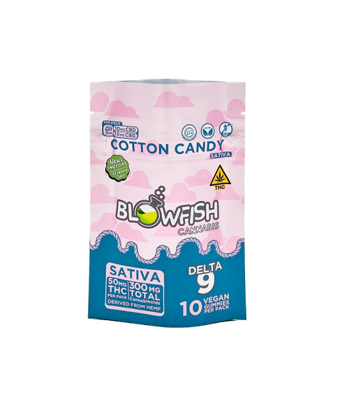Resealable pouch containing 10 gummies with hemp derived cannabinoids.  Pouch is teal with a pink pattern band.  Cotton Candy Flavor.