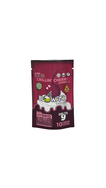 Chillin' Cherry Indica Hybrid Blowfish Cannabis Gummies bag, bag is rich, dark cherry color with a matte shine, Delta  9 Vegan gummies, THC. Blowfish logo has a waterpipe bong graphic in place of the letter O