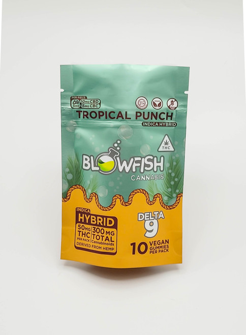 Tropical Punch CBD THC CBC blend in a water blue and golden resealable pouch.