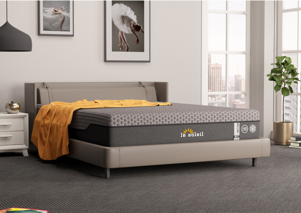 Bedroom with re-energizing biorhythm mattress cover and cooling gel memory foam layer