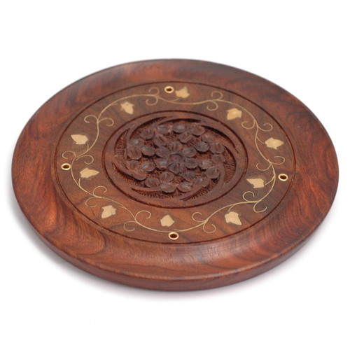 Hand Carved Circular Wooden Incense Holder with Floral Brass Inlay