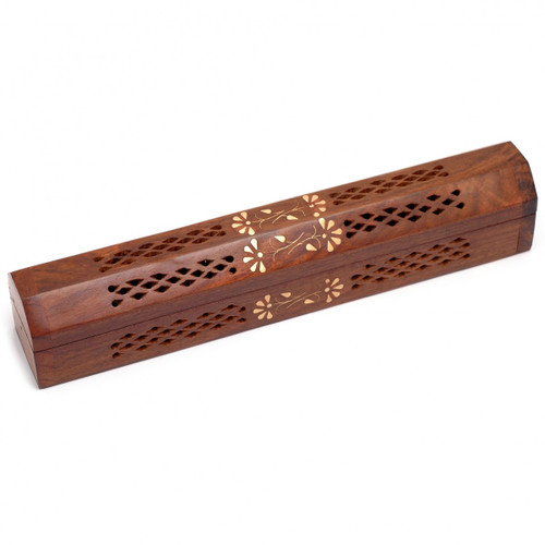 Carved Wooden Incense Box - Brass Floral Inlay