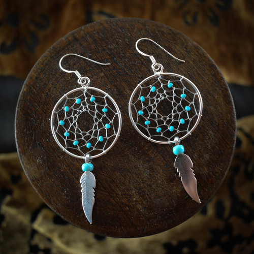 Large Dream Catcher Earrings / Necklace with Turquoise Beads & Feather (Sterling Silver)