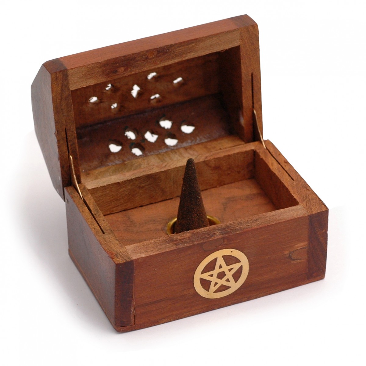 Mini Wooden Incense Cone Box with Brass Pentacle Inlay