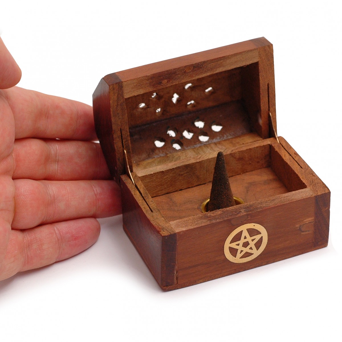 Mini Wooden Incense Cone Box with Brass Pentacle Inlay