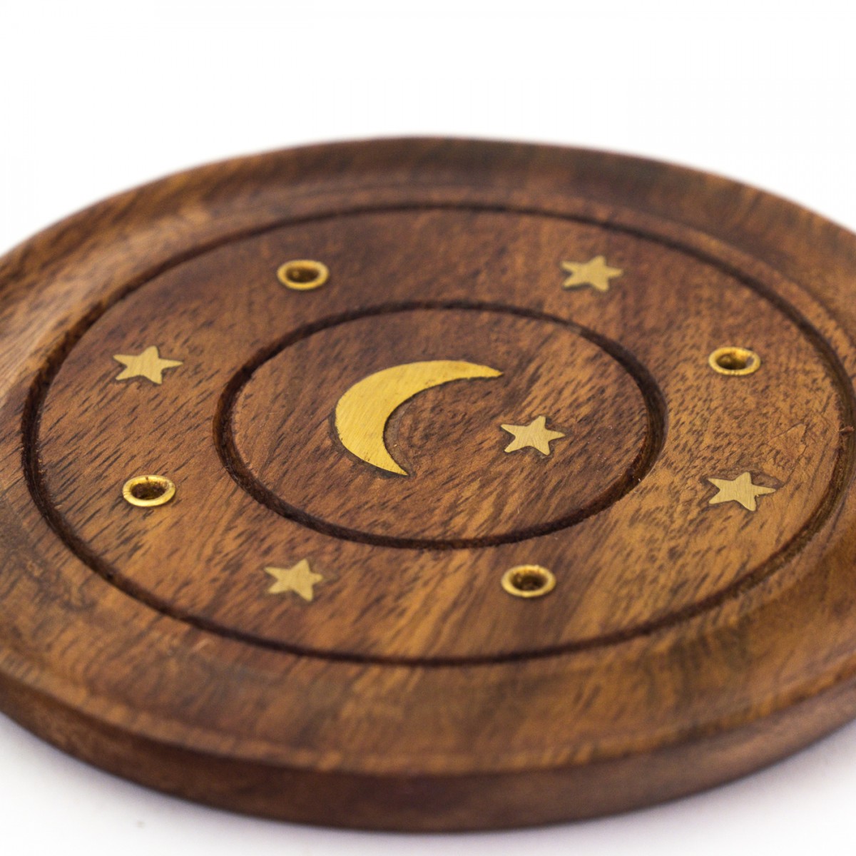 Mini Circular Wooden Incense Burner with Moon & Star Inlay