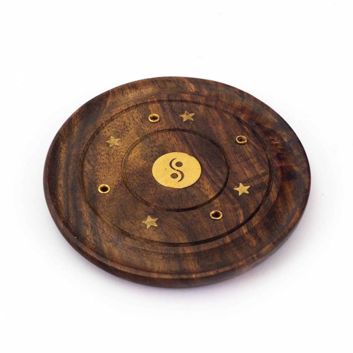Mini Circular Wooden Incense Burner with Yin Yang Inlay
