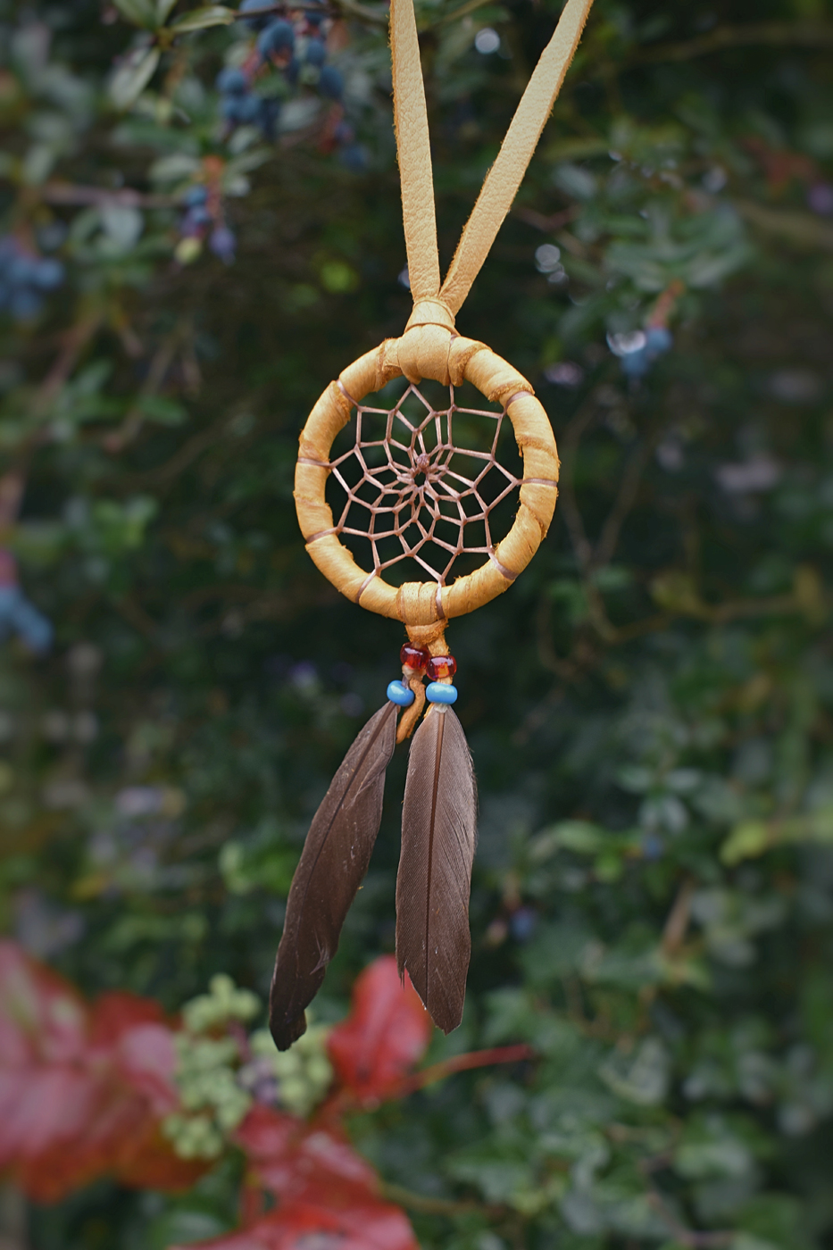 Leather Tan Navajo Dream Catcher Necklace by Curtis Bitsui